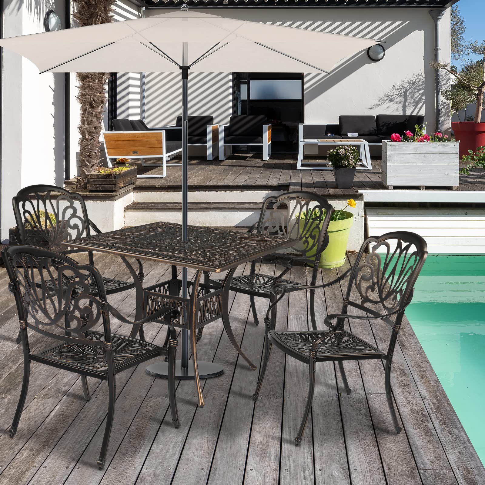 VINGLI 5 Pieces Outdoor Patio Dining Set, Cast Aluminium Patio Furniture Set with 4 Chairs and 1 Umbrella Table for Yard, Garden, Porch and Poolside, Bronze