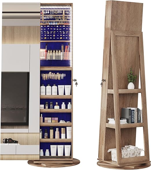 360° Rotating Jewelry Mirror Cabinet with LED Lights