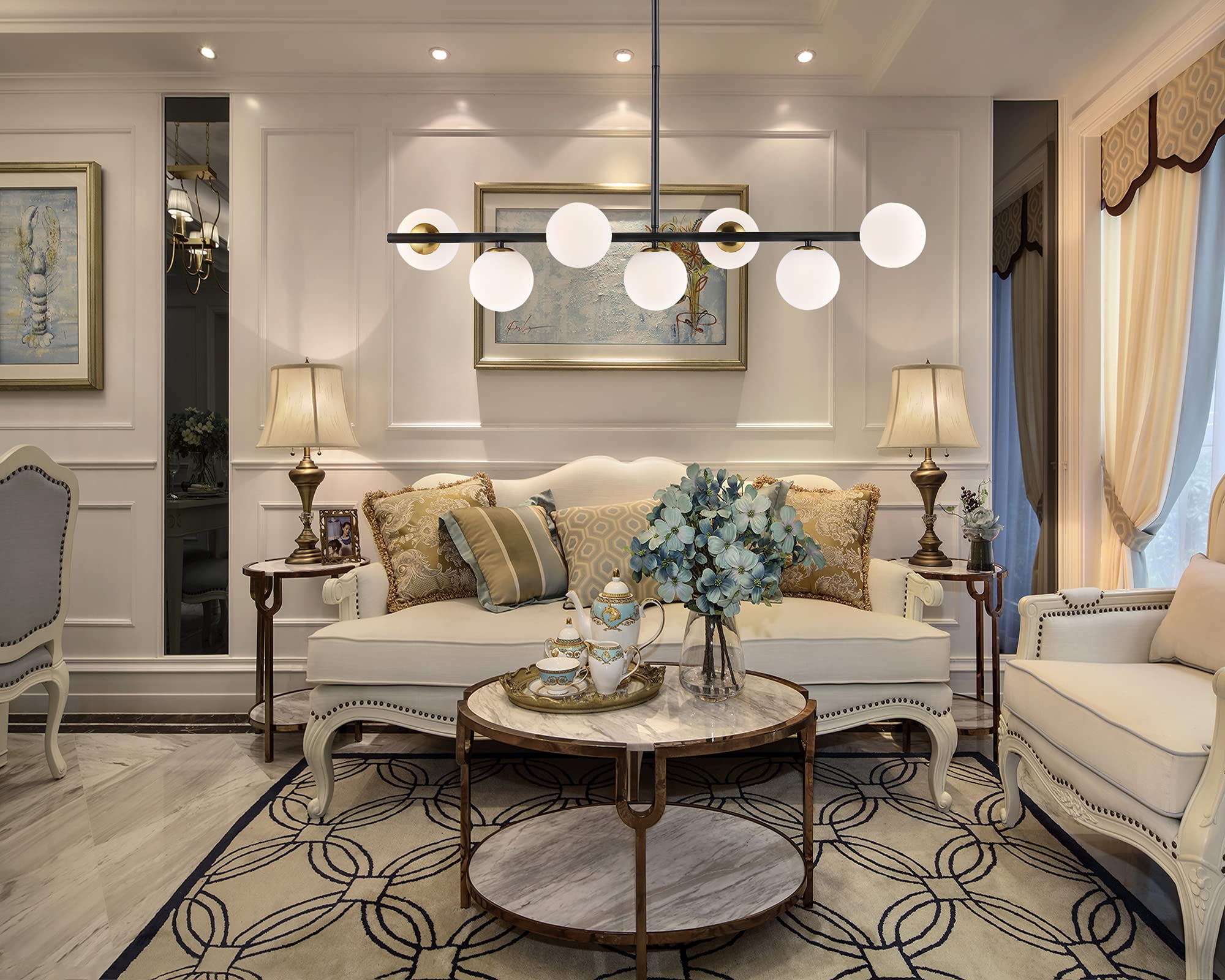 7-Light Globe Chandelier with White Glass Shade