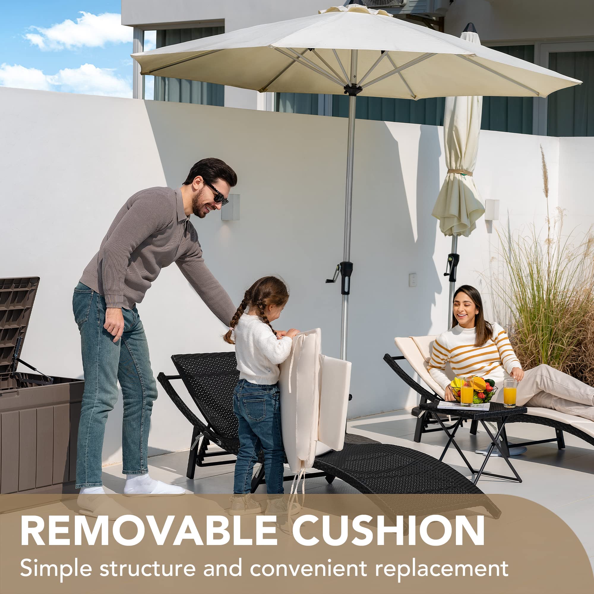 Outdoor Rattan Chaise Lounge Set with Folding Table