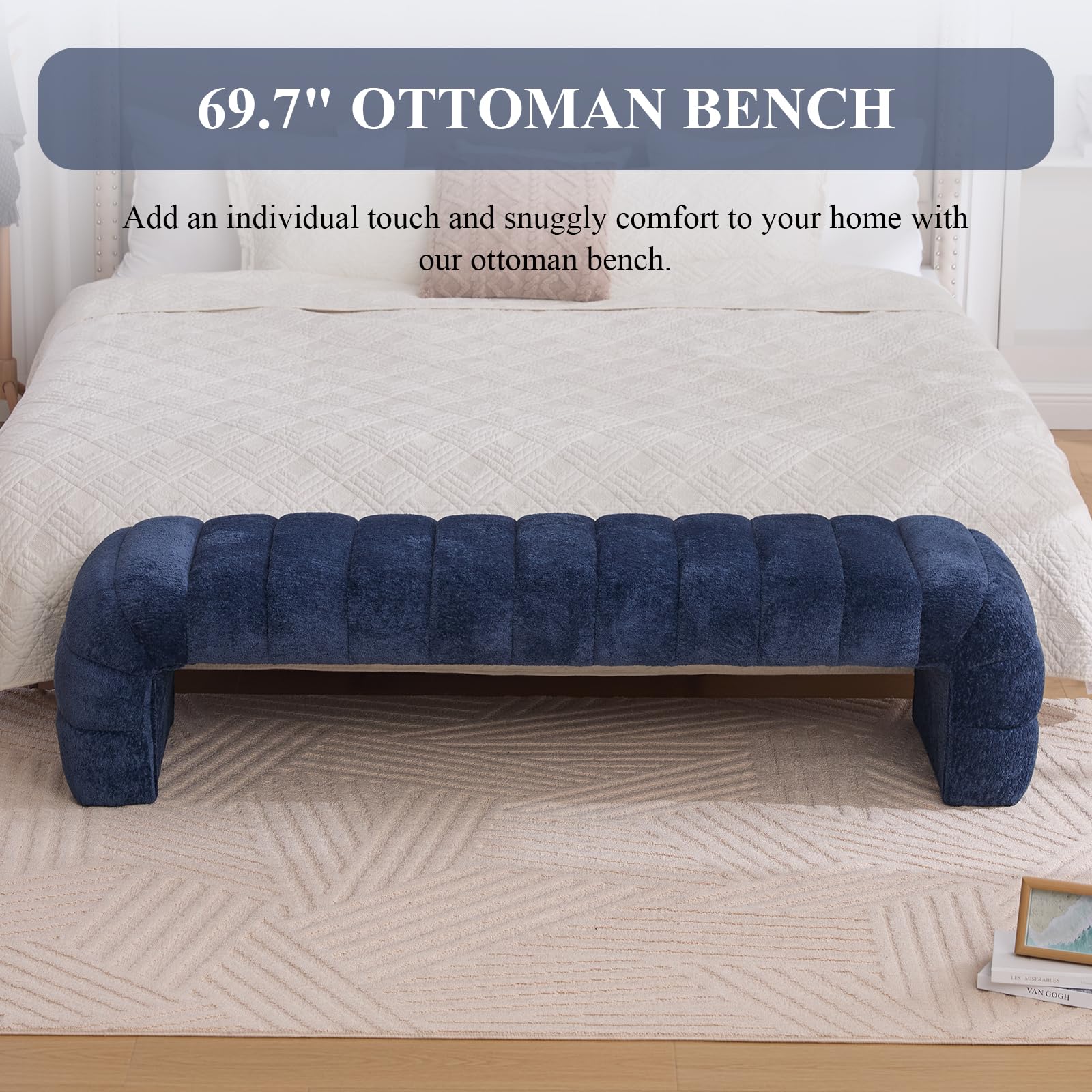 Ottoman Bench Navy Teddy Upholstered