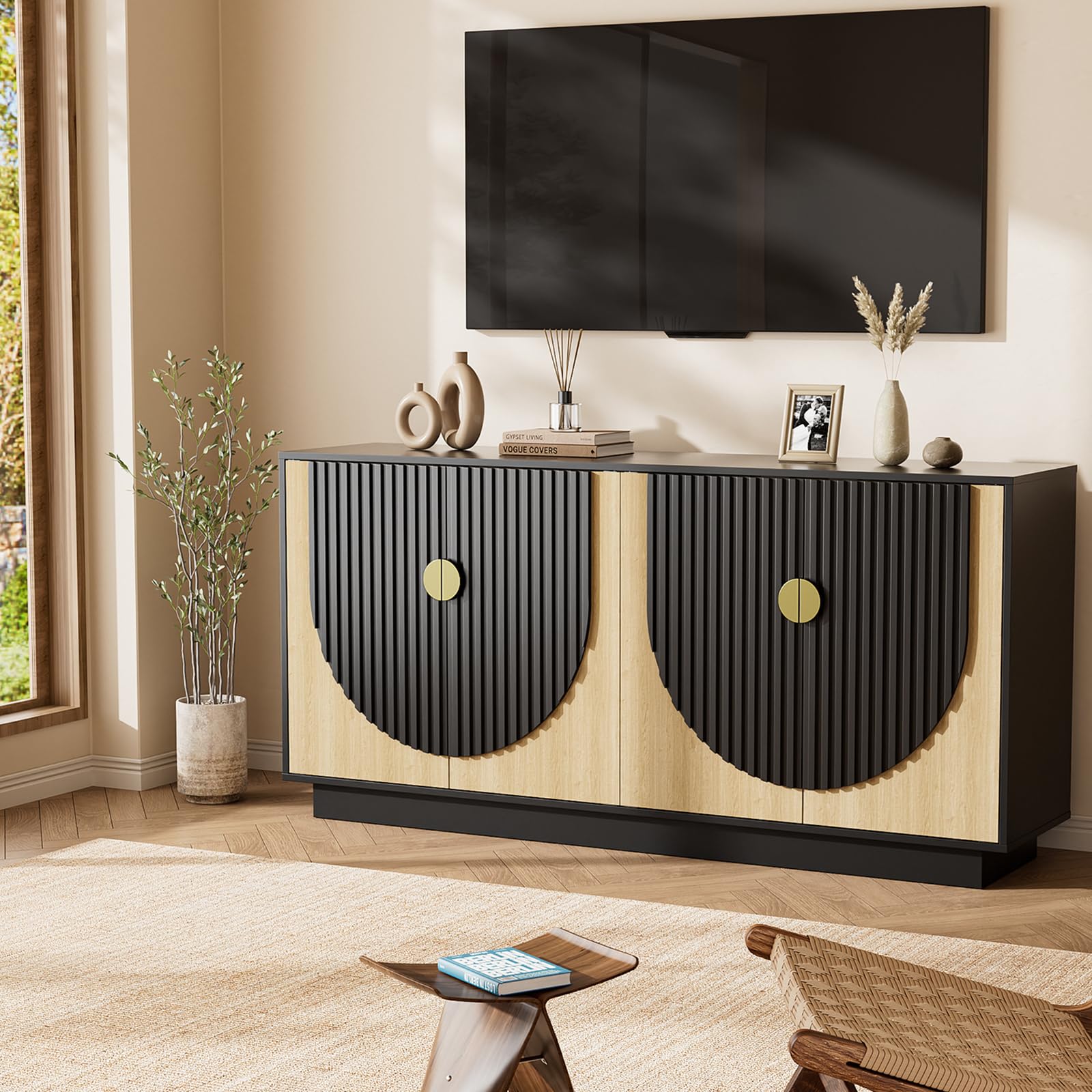 63 Inch Fluted Buffet Cabinet with Storage