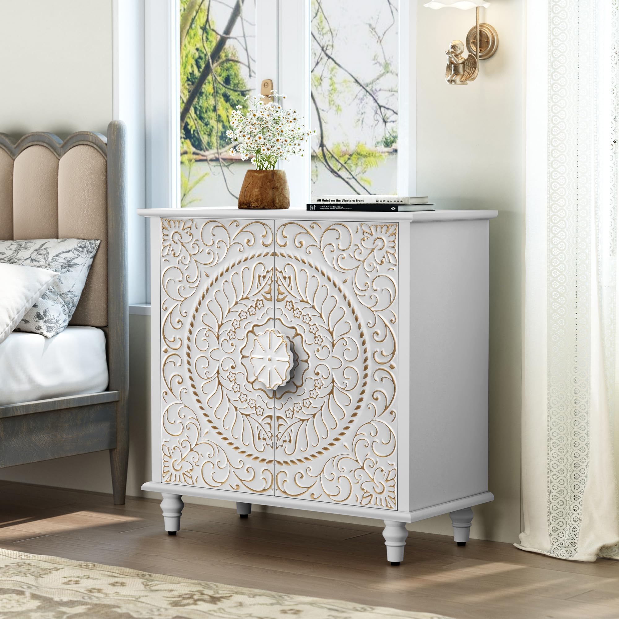 White Accent Cabinet with Carved Flower Pattern