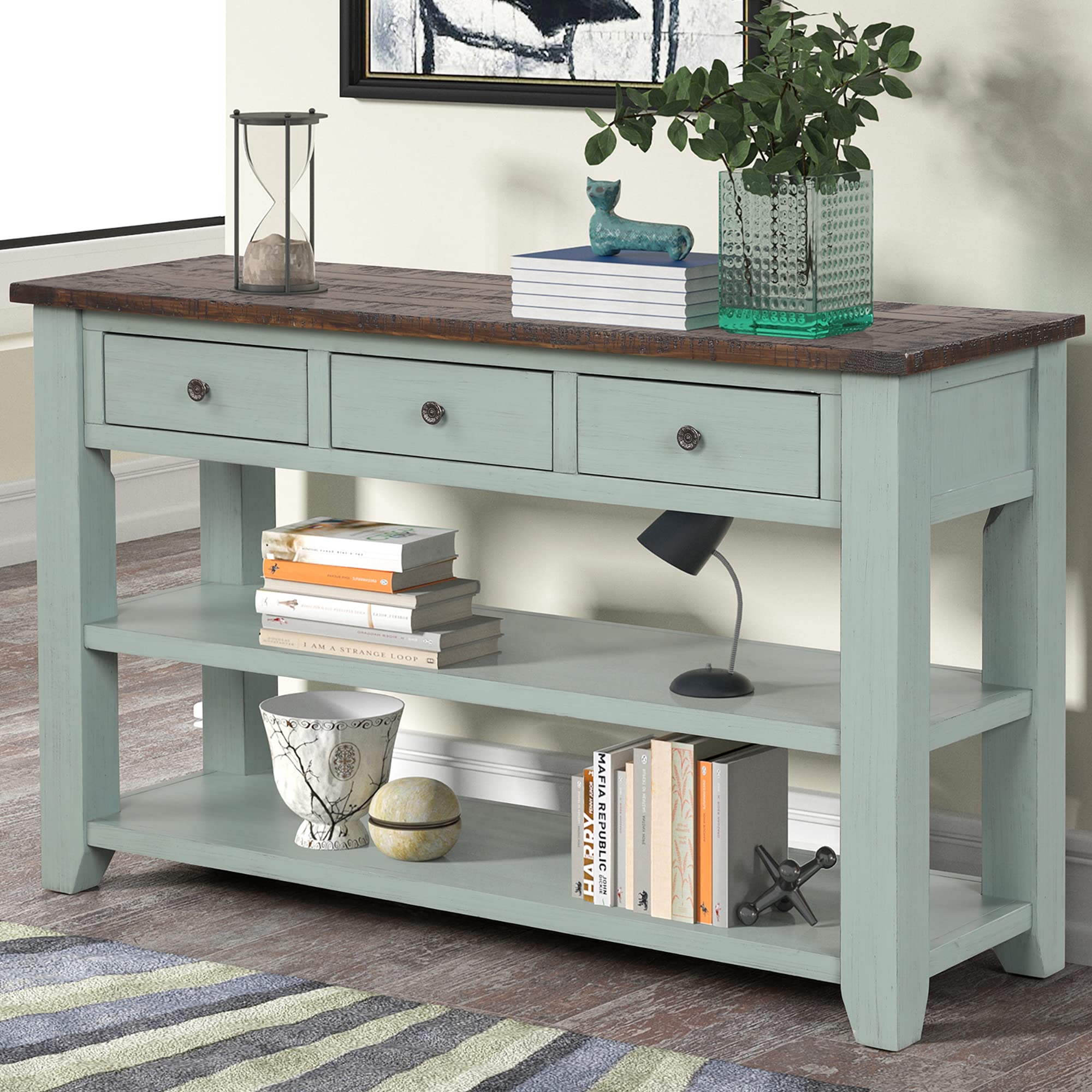 Farmhouse Console Table with 3 Drawers and Bottom Shelves