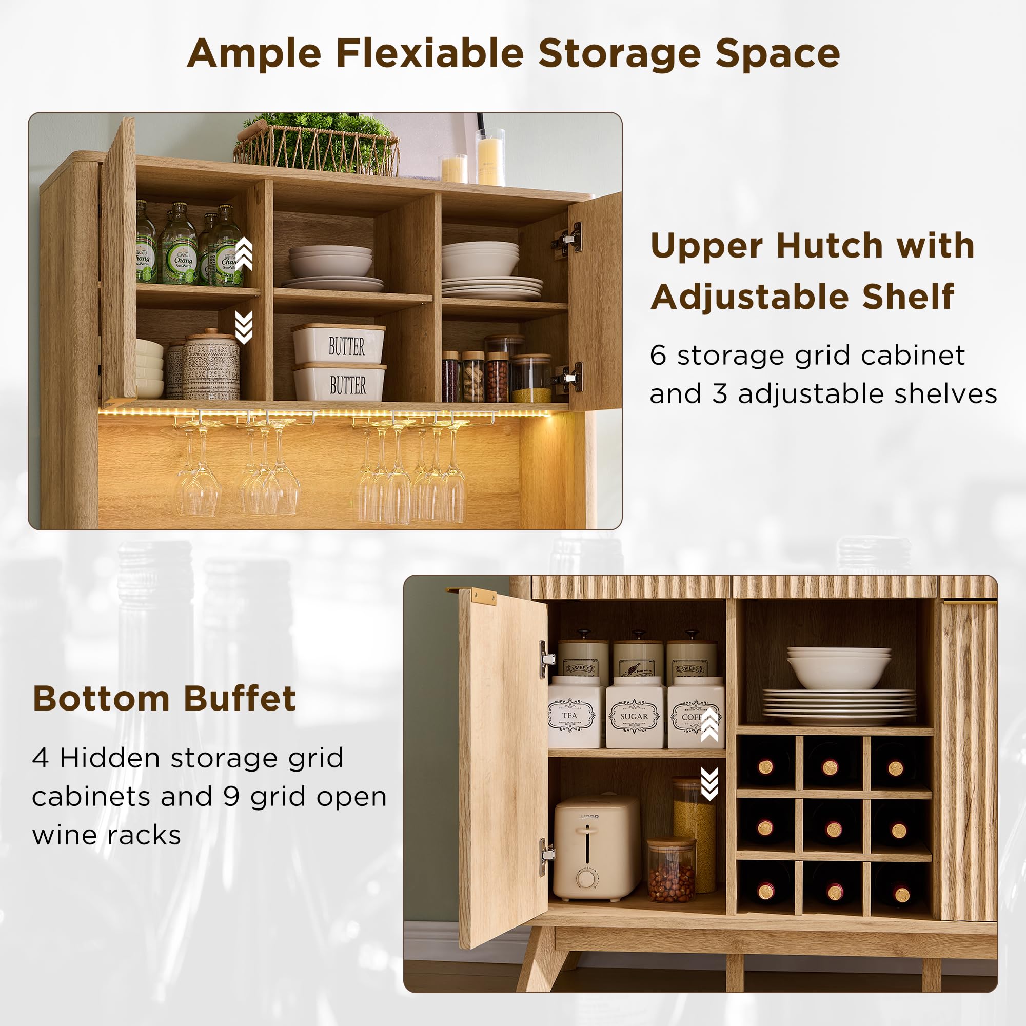 72" Tall Wine Bar Cabinet with Storage Hutch and LED Lights