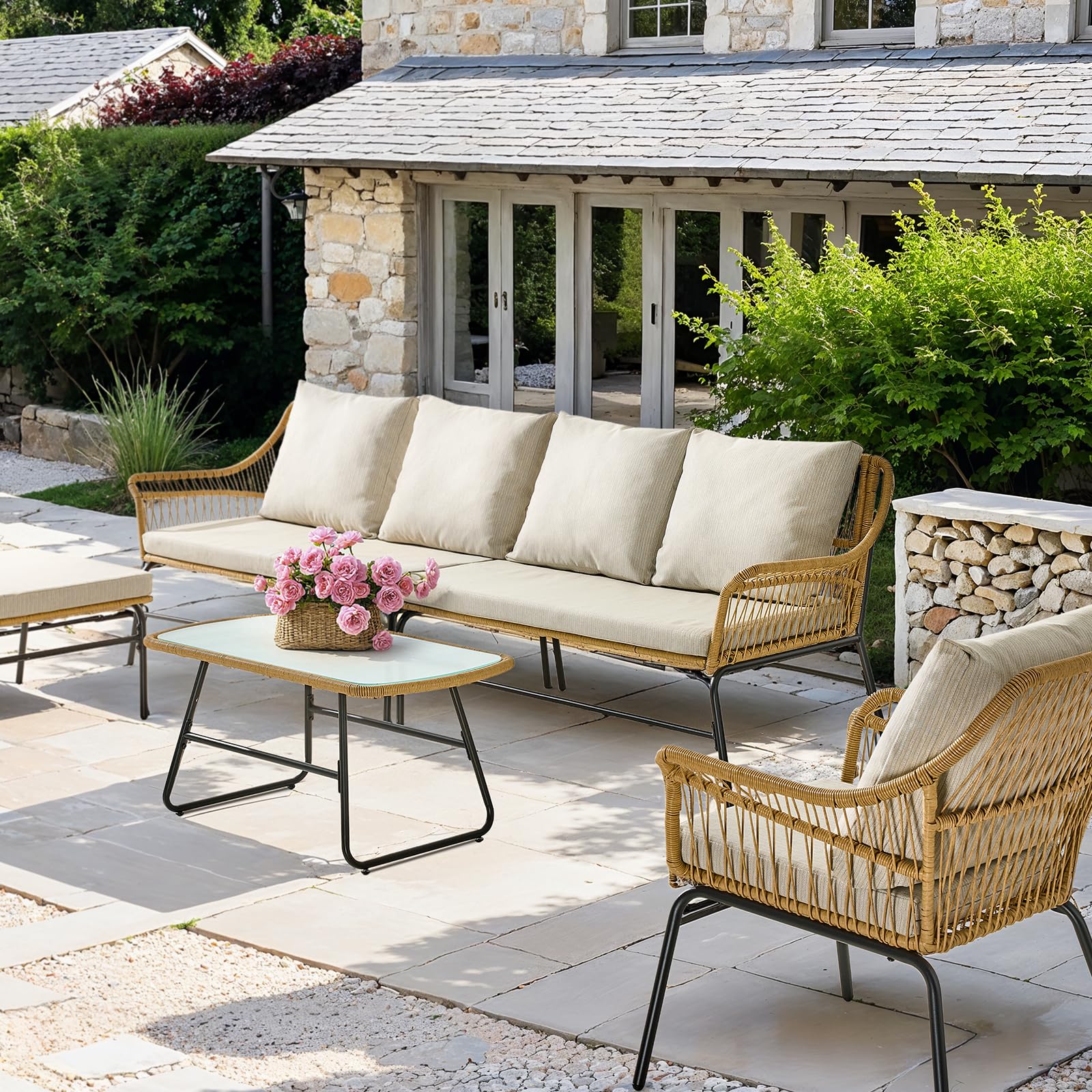 4-Piece Outdoor Sectional Set with Tempered Glass Coffee Table