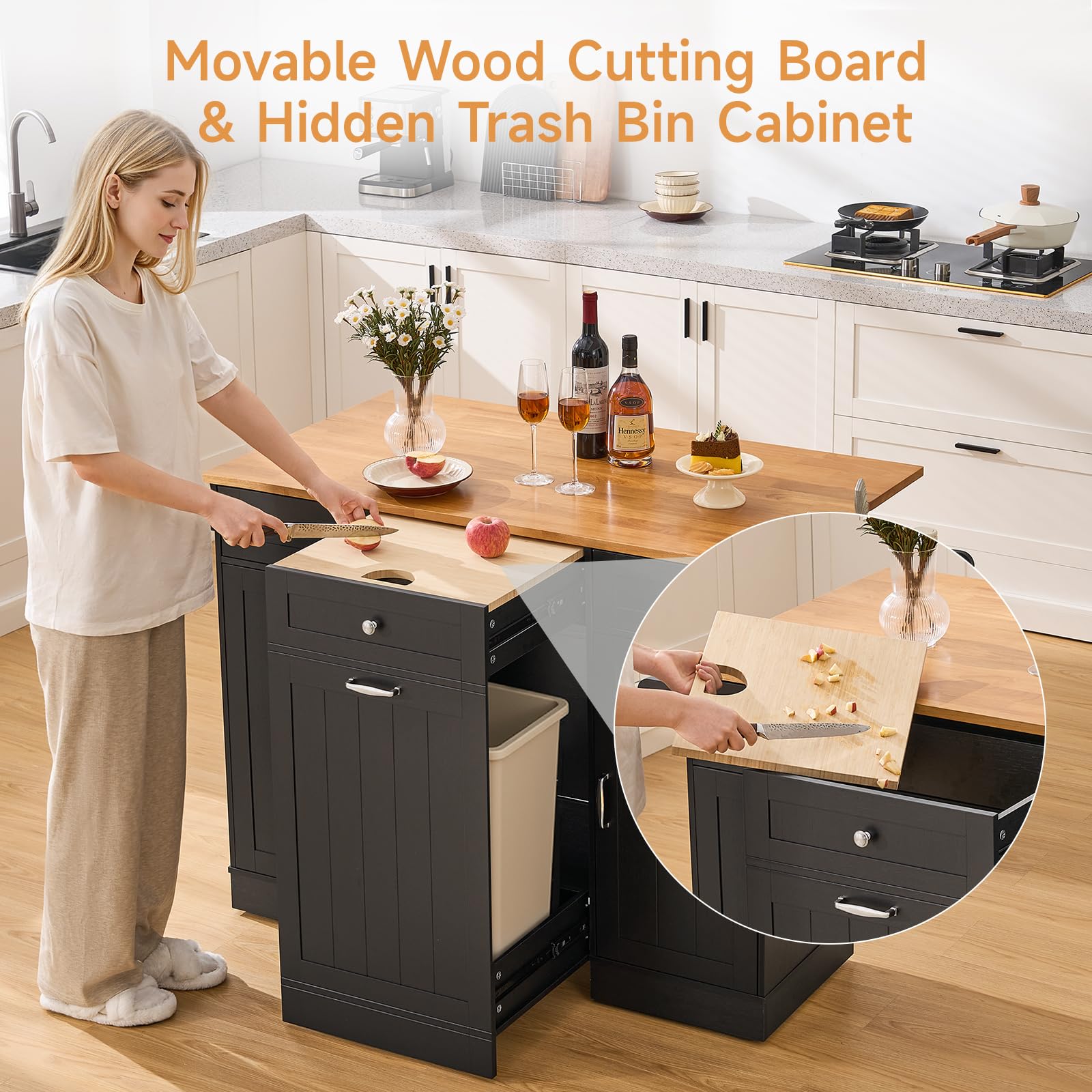 61" Kitchen Island Cart with Drop Leaf and Power Outlet