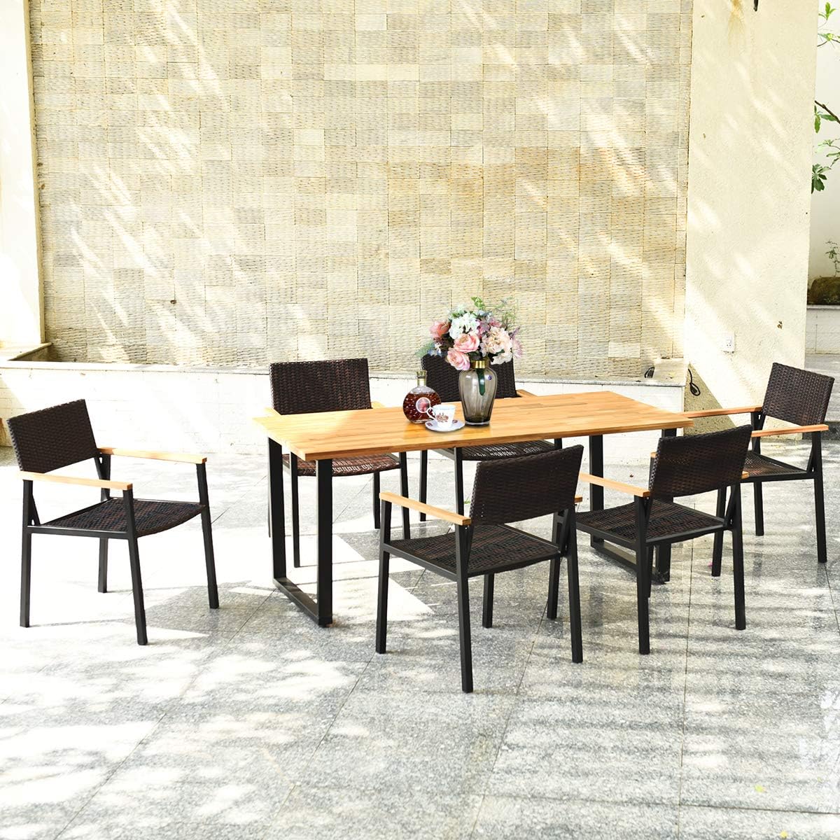 7-Piece Outdoor Dining Set with Acacia Wood Table and Rattan Chairs