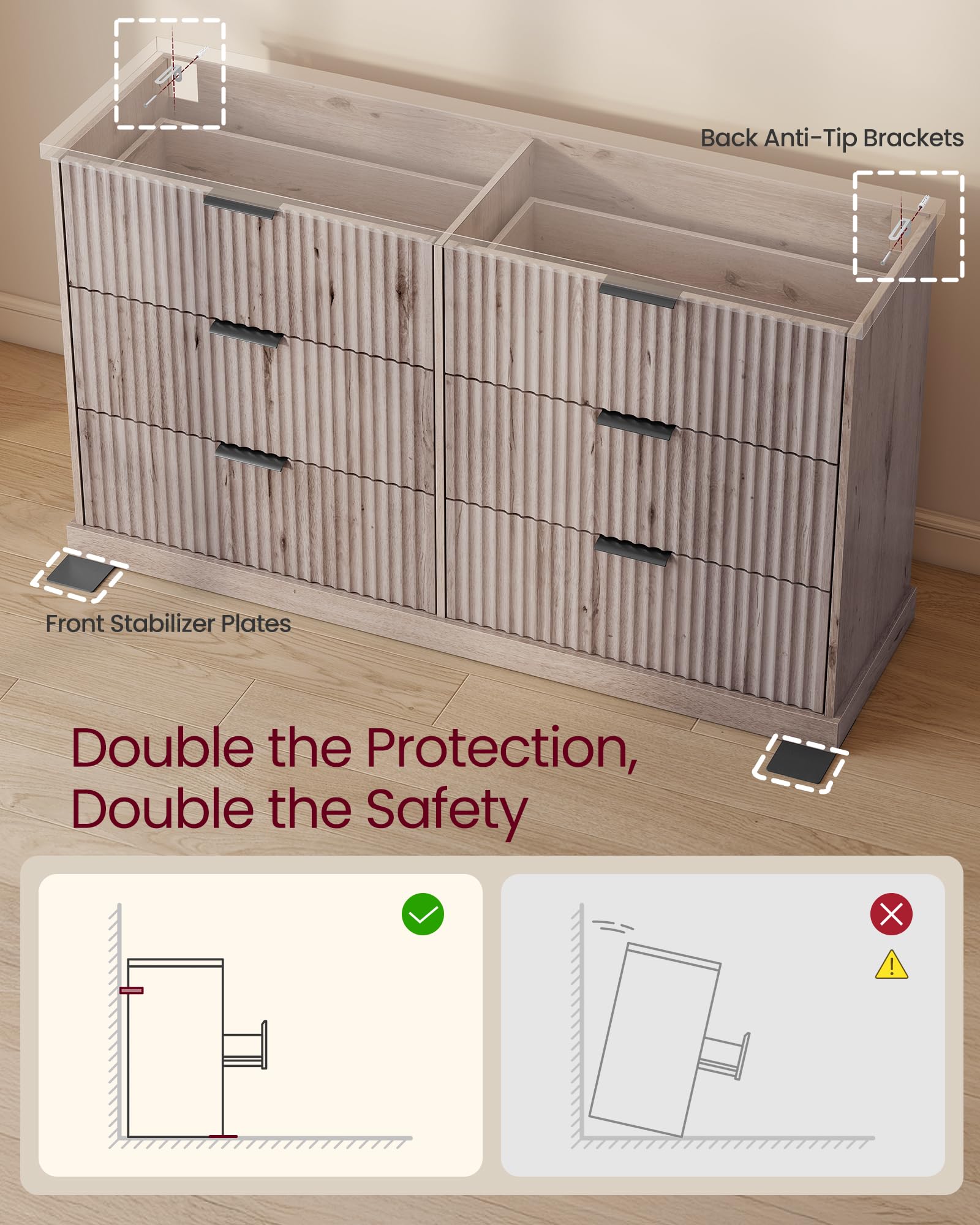 6-Drawer Wide Dresser with Fluted Panels