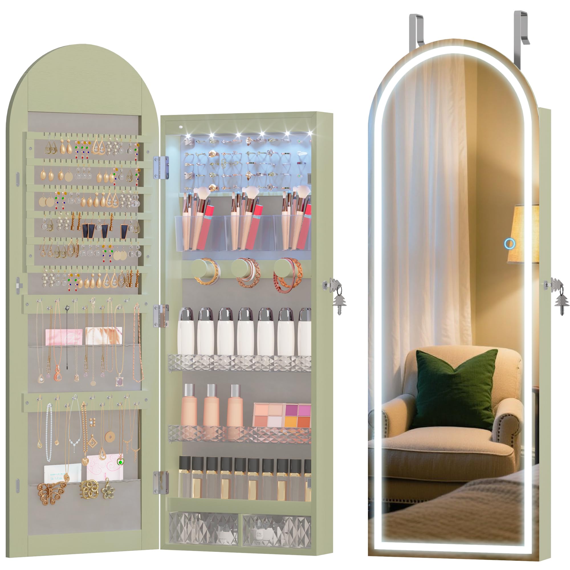 Wall Mounted Jewelry Organizer with LED Mirror