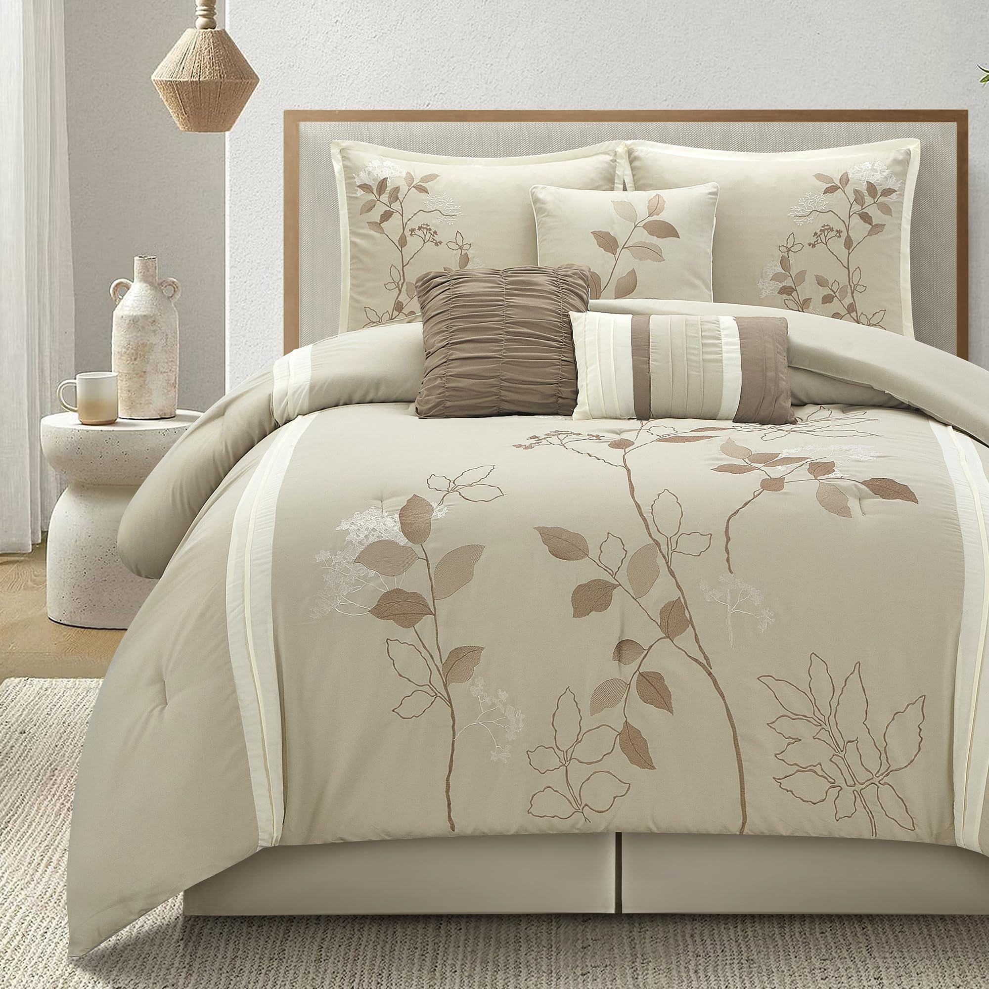 7-Piece Queen Comforter Set with Floral Embroidery