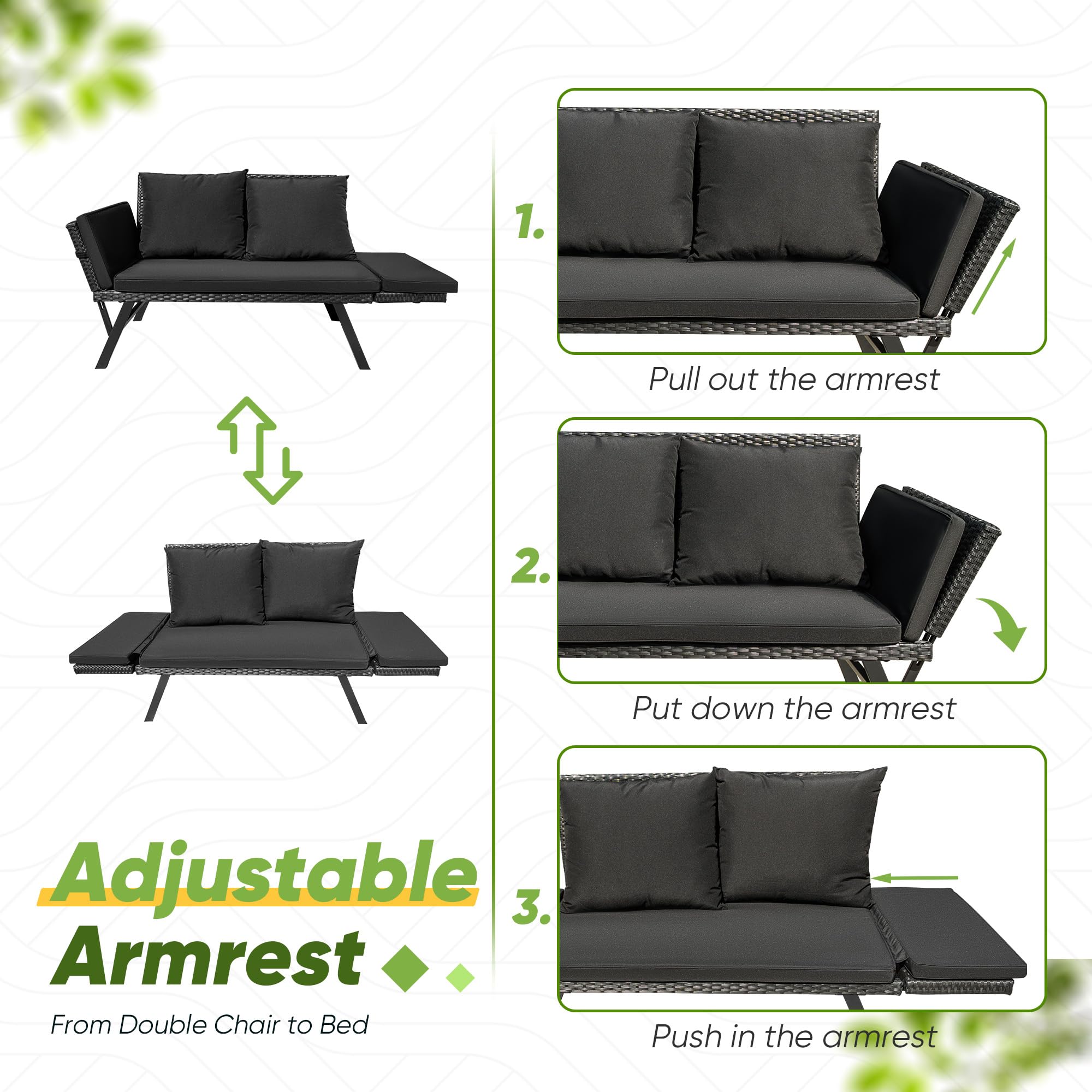 Convertible Outdoor Rattan Sofa Daybed with Adjustable Armrests