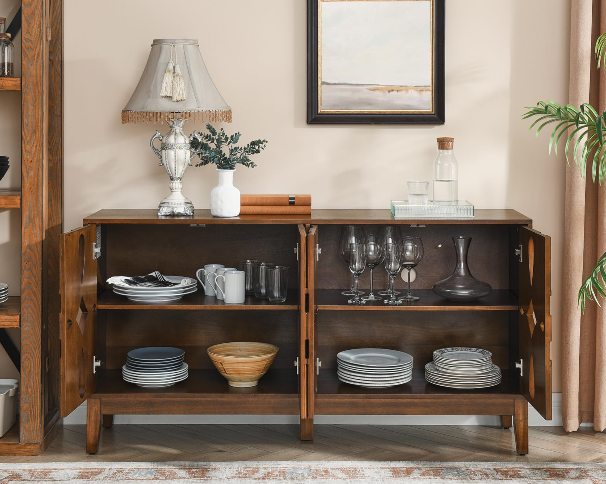 60" Mid Century Modern Sideboard Buffet with Carved Doors