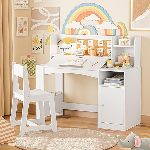 Betterhood Kids Study Desk and Chair Set, Kids Desks with Hutch Storage and Tiltable Desktop, Wooden Children Study Table for 5-12 Years Old Girls, Student Writing Desk for Bedroom (Pink)