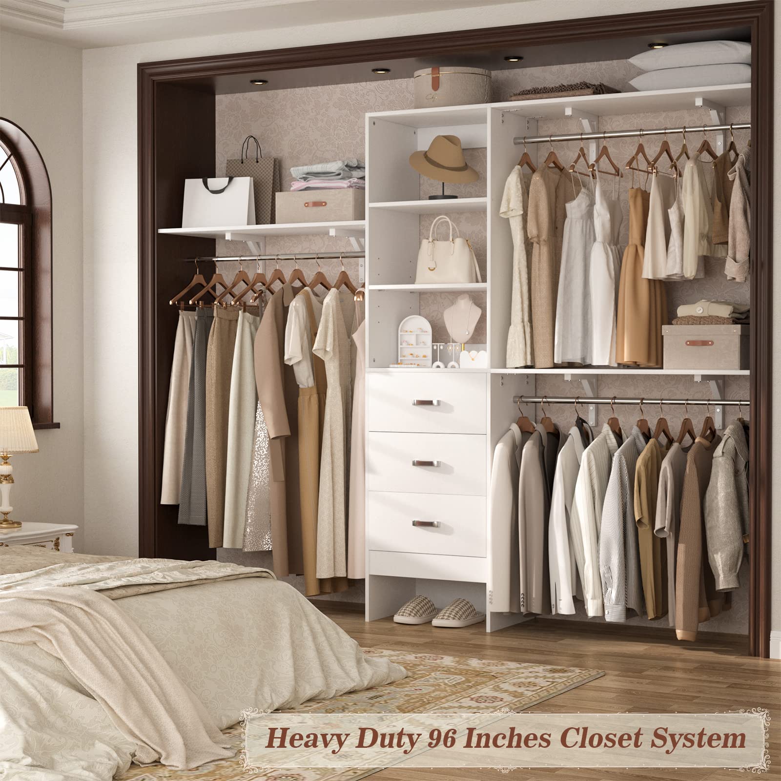 8FT Wall Mount Closet Organizer System with 3 Hanging Rods and Drawers