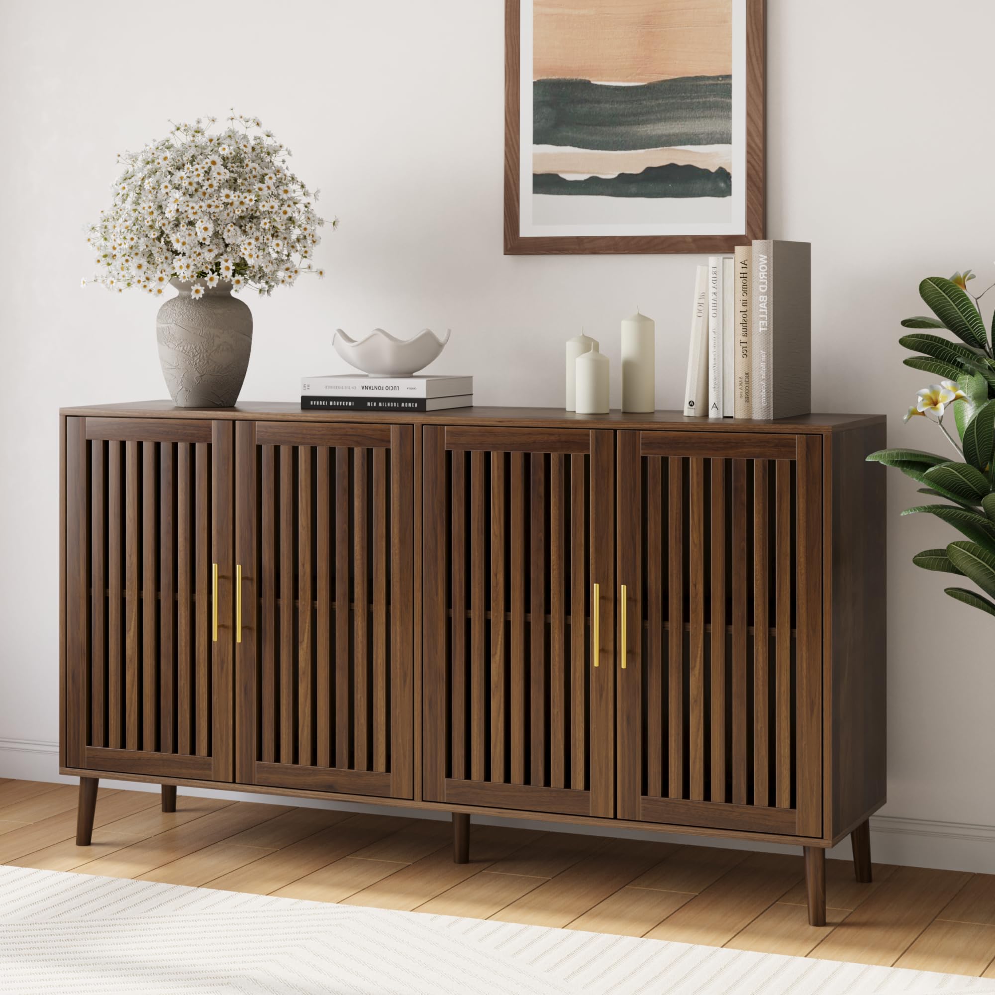 Walnut Slatted Door Storage Cabinet 63 Inch
