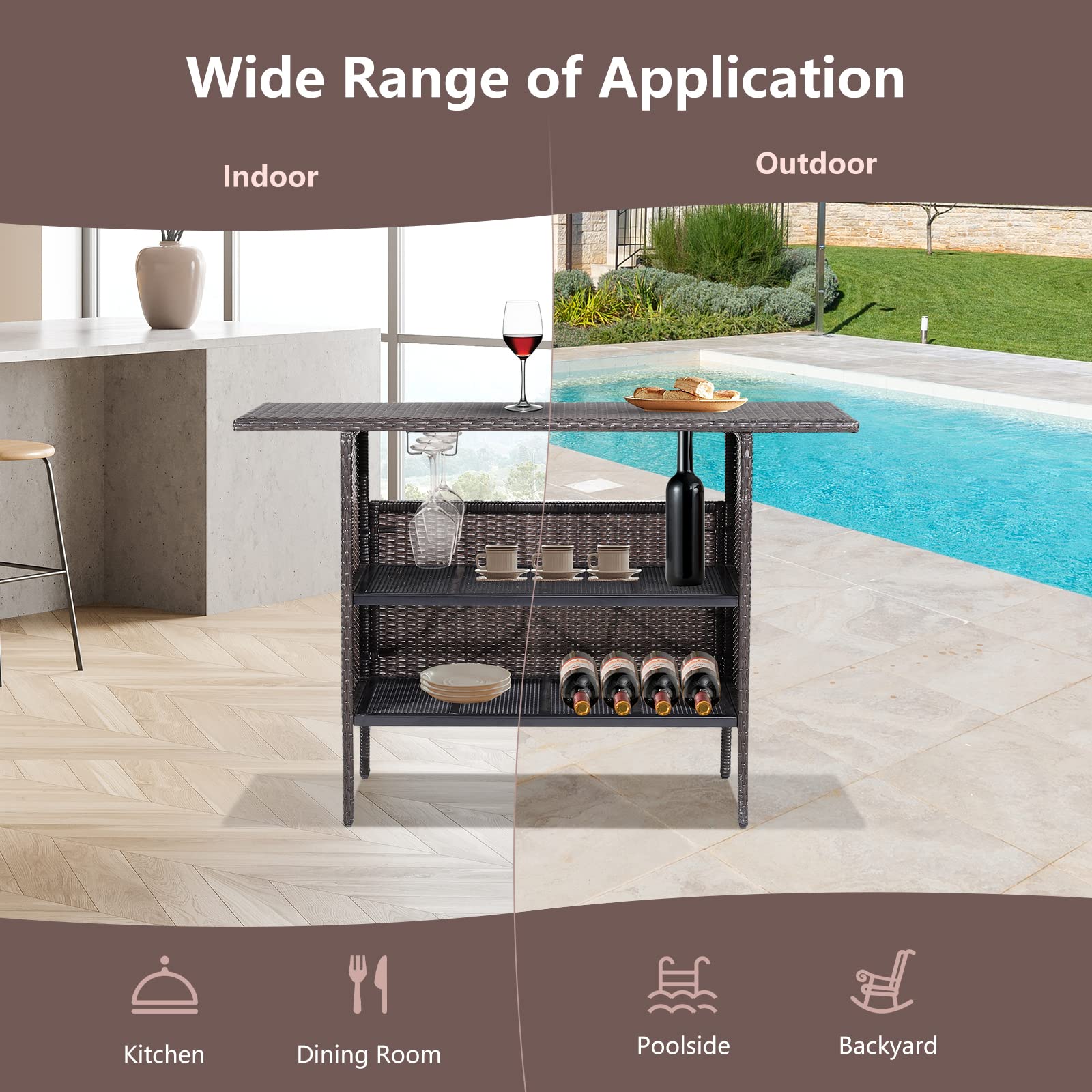 Outdoor Wicker Bar Table with Storage Shelves