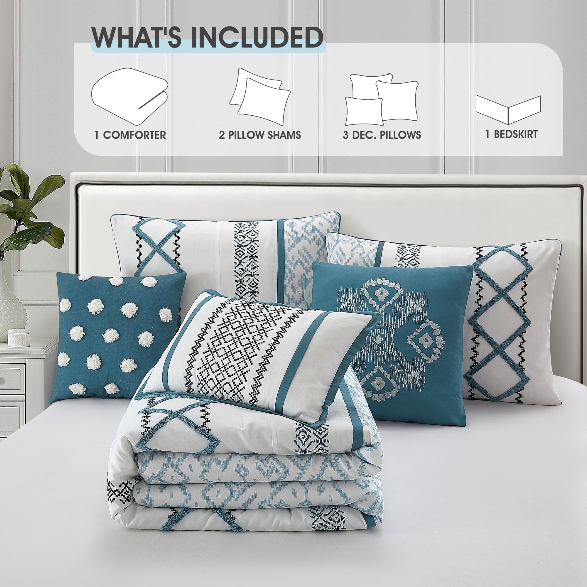 Blue Queen Comforter Set 7-Piece Geometric Embroidered Bedding