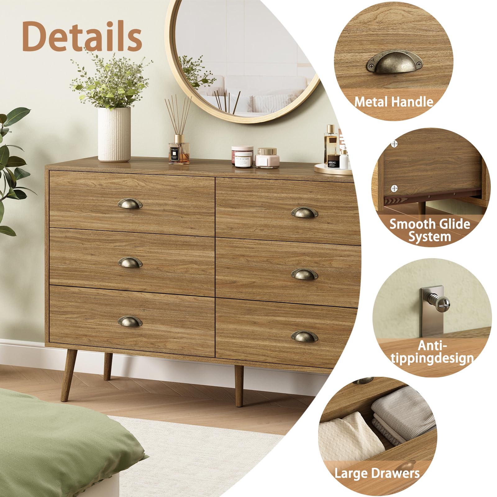 6-Drawer Mid Century Modern Dresser Oak