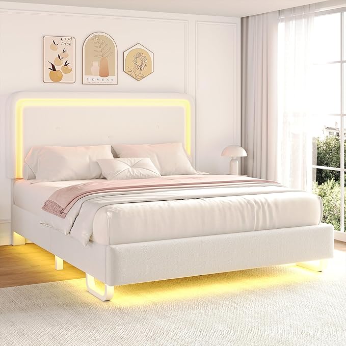 Twin Upholstered Bed Frame with LED Lights and Adjustable Headboard