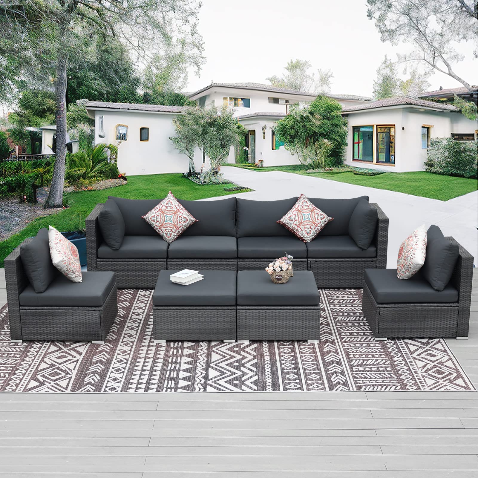 All-Weather Outdoor Wicker Ottoman Set of 2 - Dark Gray Rattan Footrest with Cushions