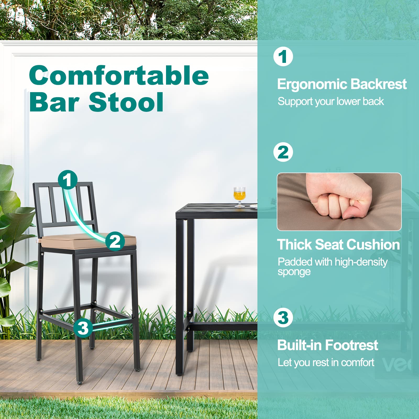 3 Piece Outdoor Patio Bar Set with Cushioned Stools