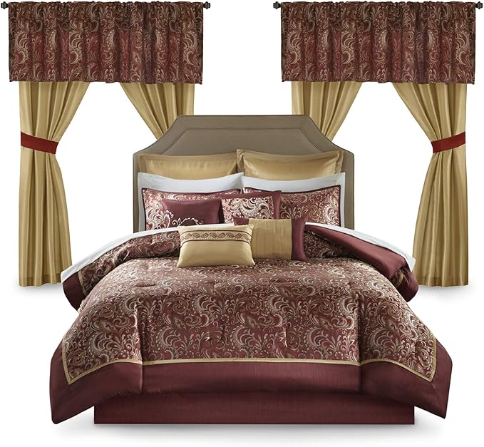 Faux Silk Jacquard Paisley Comforter Set Queen 24 Piece