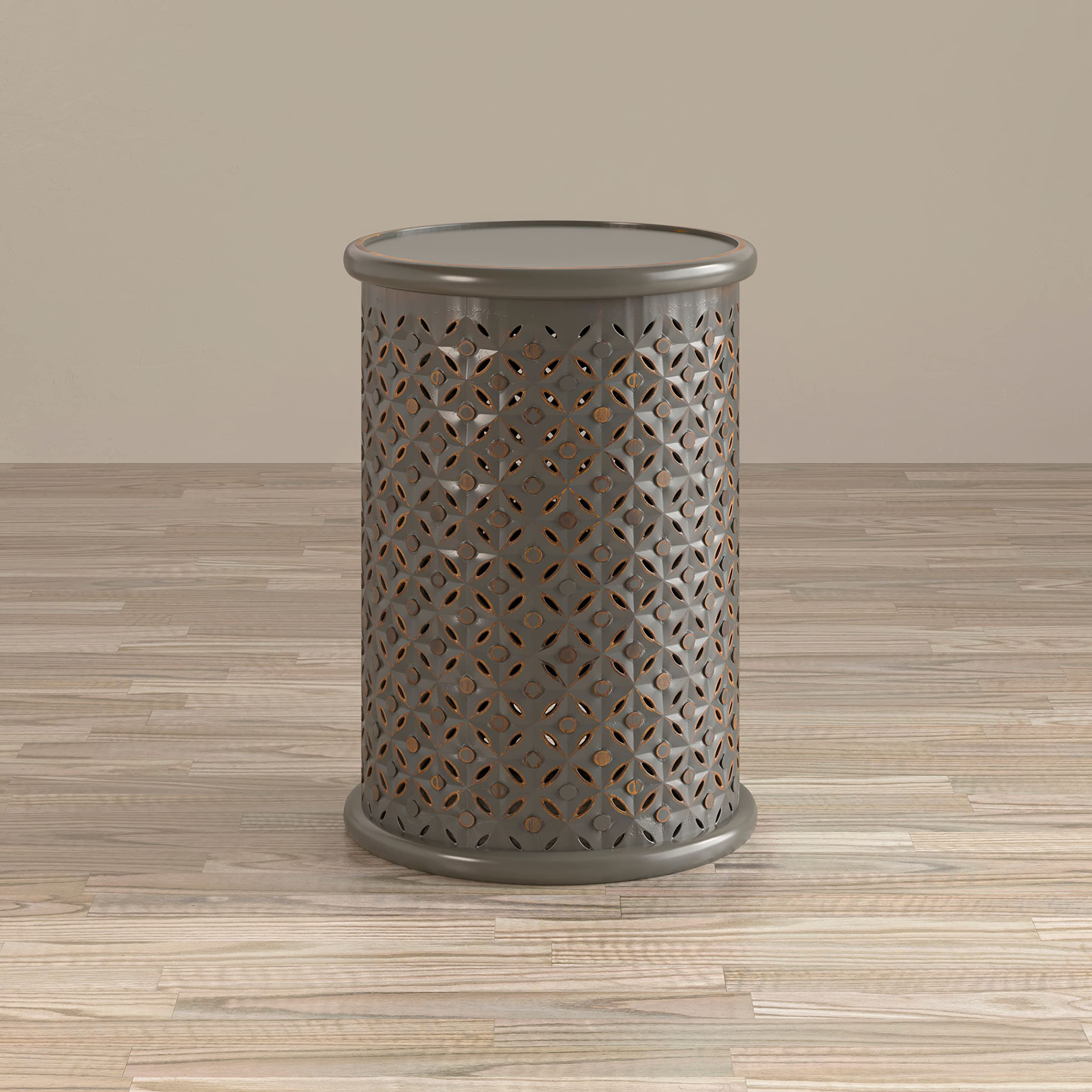 Jofran Global Archive Mango Wood Handcrafted Solid Hardwood Drum Table, 17" W X 17" D X 23" H, Grey Finish, (Set of 1), Antique Gray