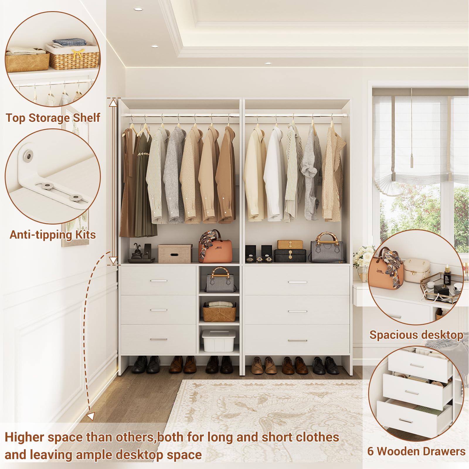 Closet System with 6 Drawers and Hanging Rods