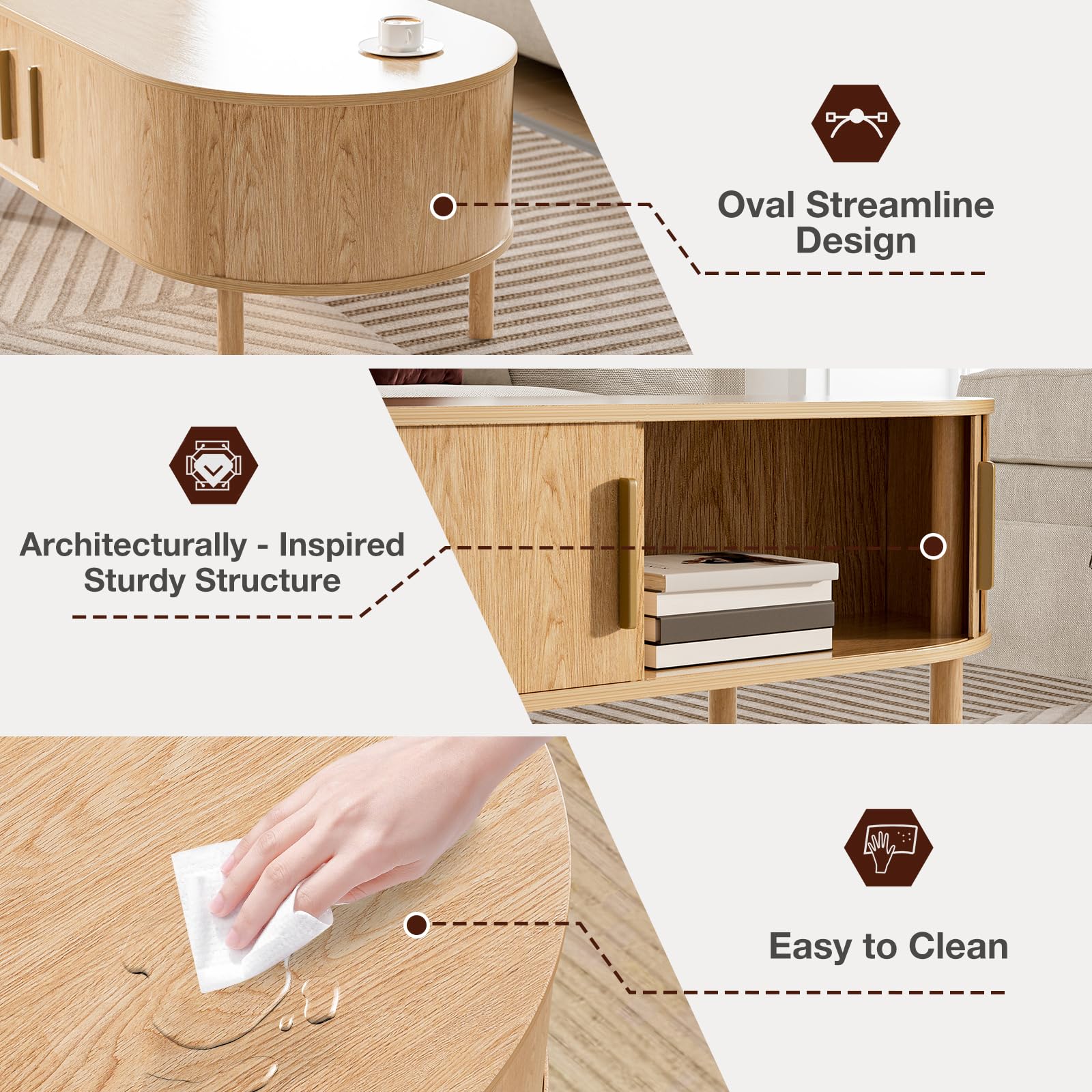 Oval Coffee Table with Sliding Door Cabinets