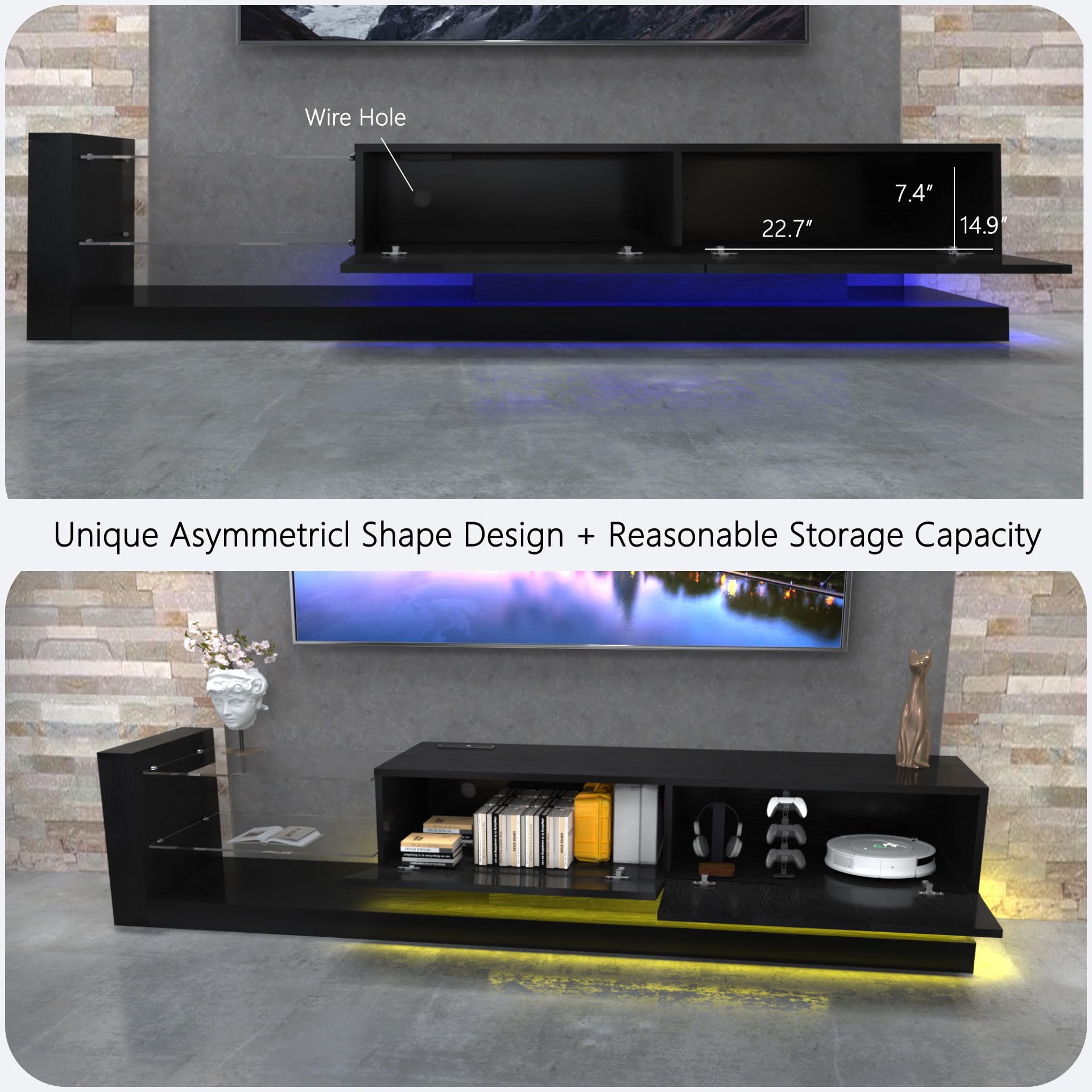 LED TV Stand with Asymmetrical Design and Tempered Glass Shelves