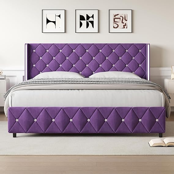 Full Size Diamond Tufted Bed Frame Purple