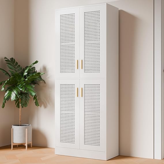Tall Rattan Storage Cabinet with Adjustable Shelves