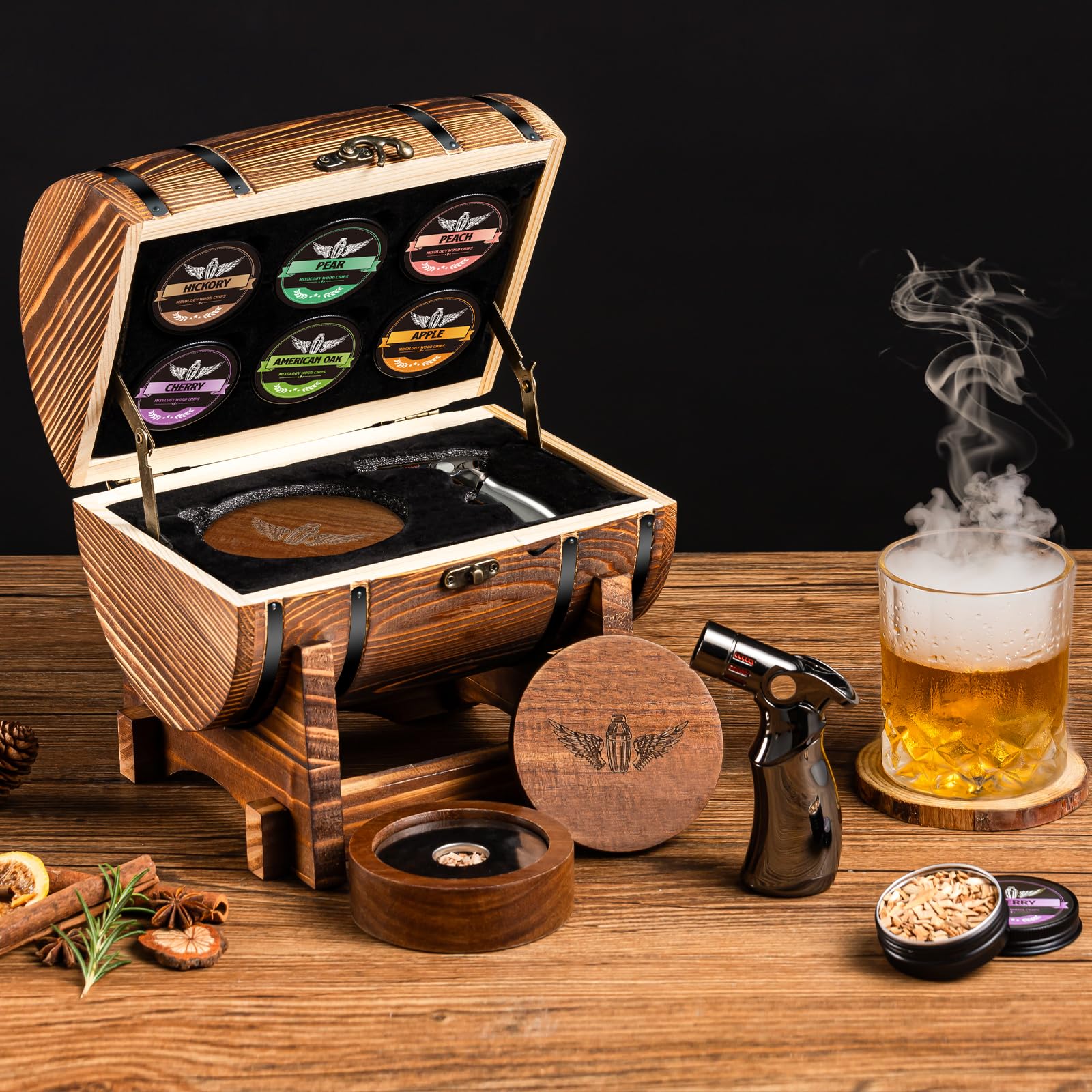 Whiskey Smoker Kit with Charred Wood Barrel and Torch