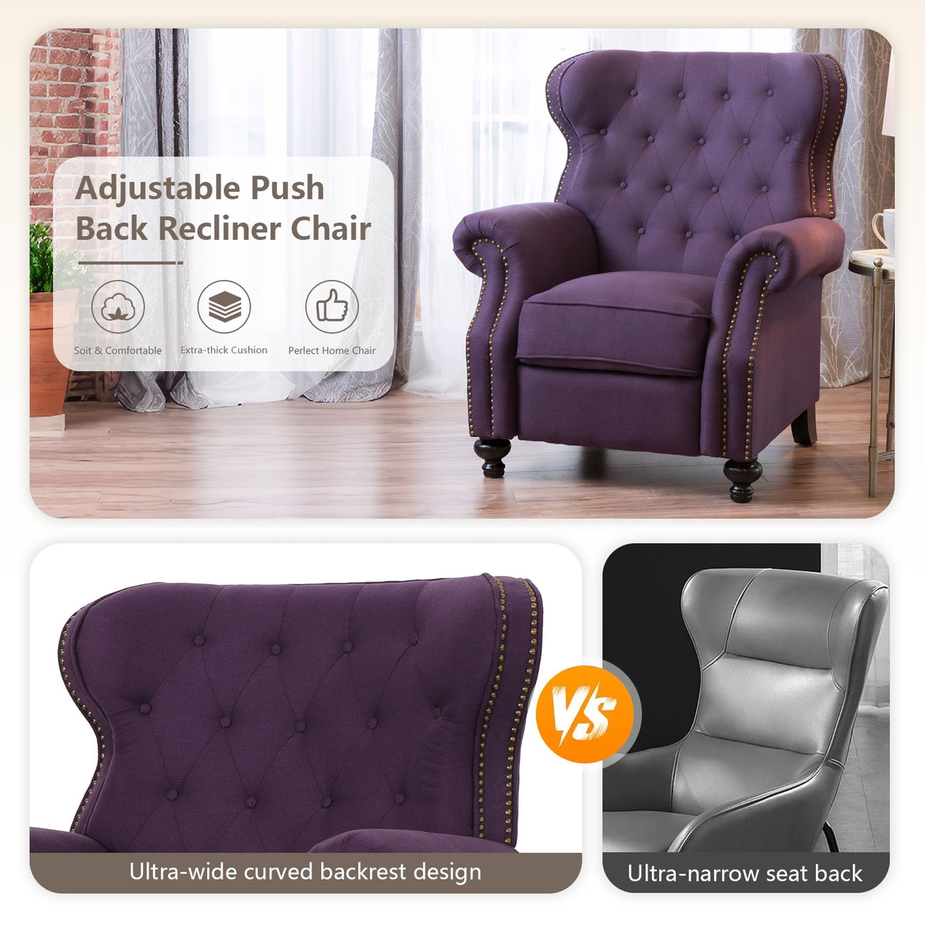 Purple Pushback Recliner Chair with Wingback Design