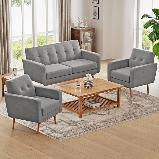 Button Tufted Living Room Set - 3 Piece Upholstered Sofa Collection