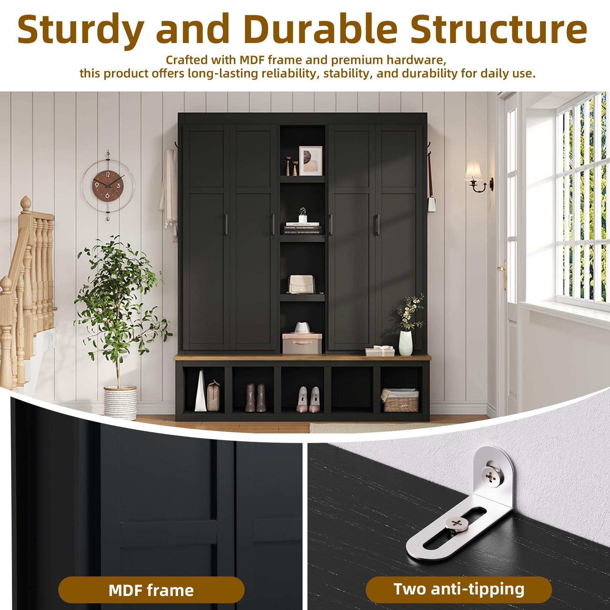 4-in-1 Entryway Hall Tree with Bench and Storage