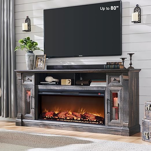 Fireplace TV Stand for 80 Inch TV with Electric Fireplace & LED Lights