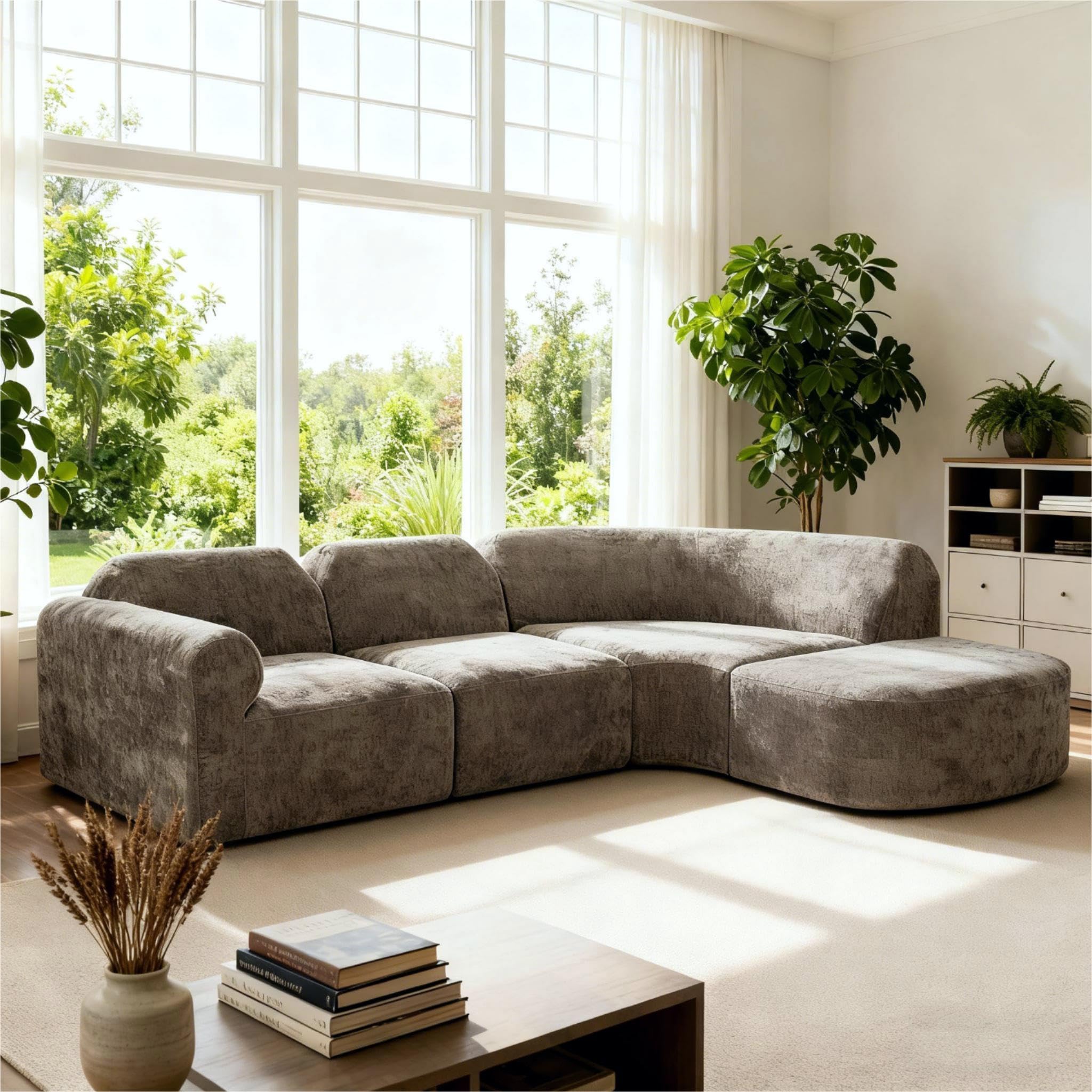 Modern Curved Sectional Sofa with Ottoman - 4 Piece Set
