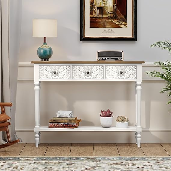 Entryway Console Table with 3 Drawers and Open Shelf