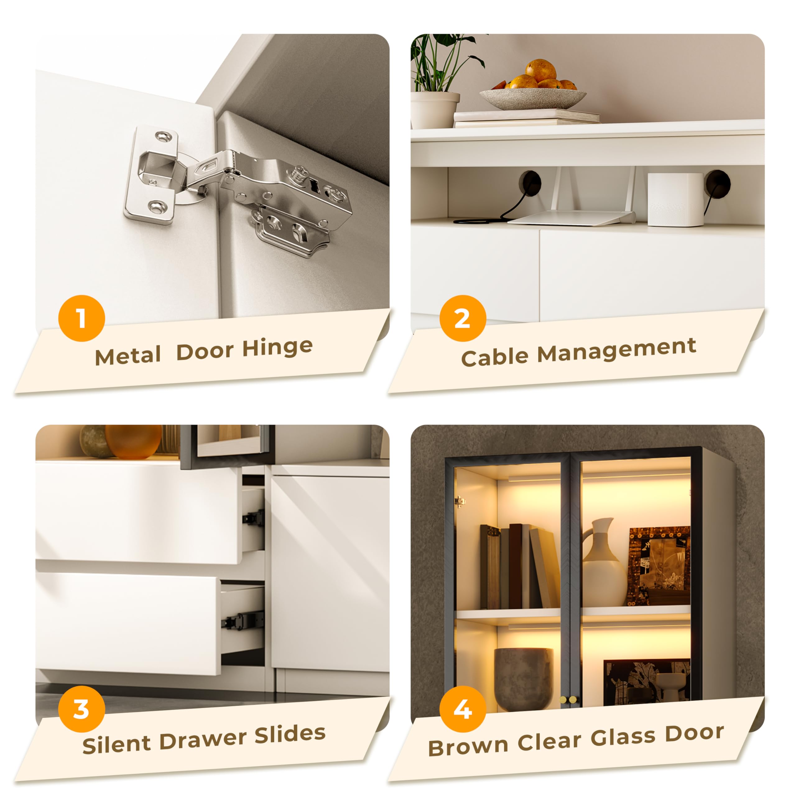 126" White Entertainment Center for 85" TV with Glass Display Cabinets