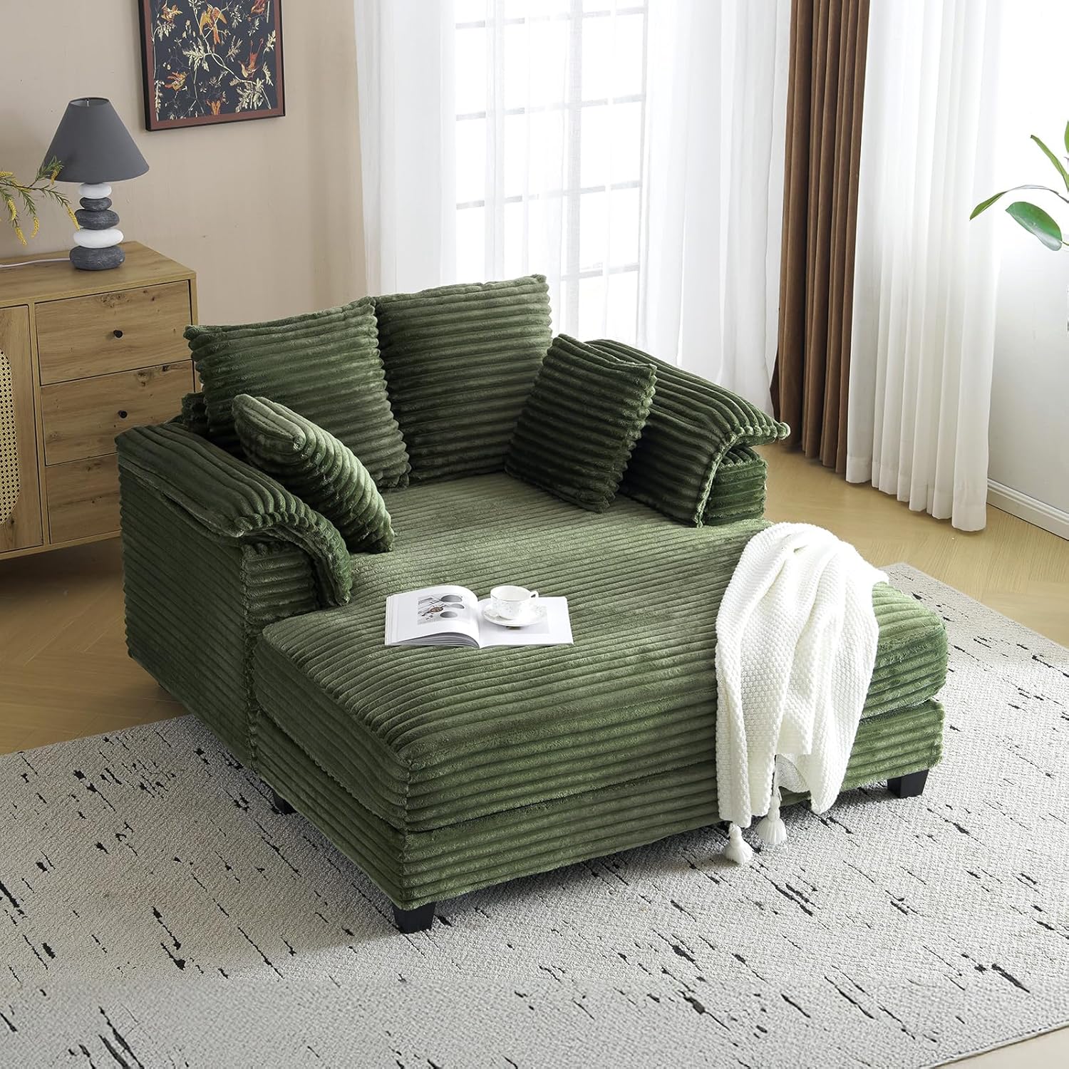 56" Oversized Chaise Lounge Chair - Beige Corduroy Sleeper Sofa