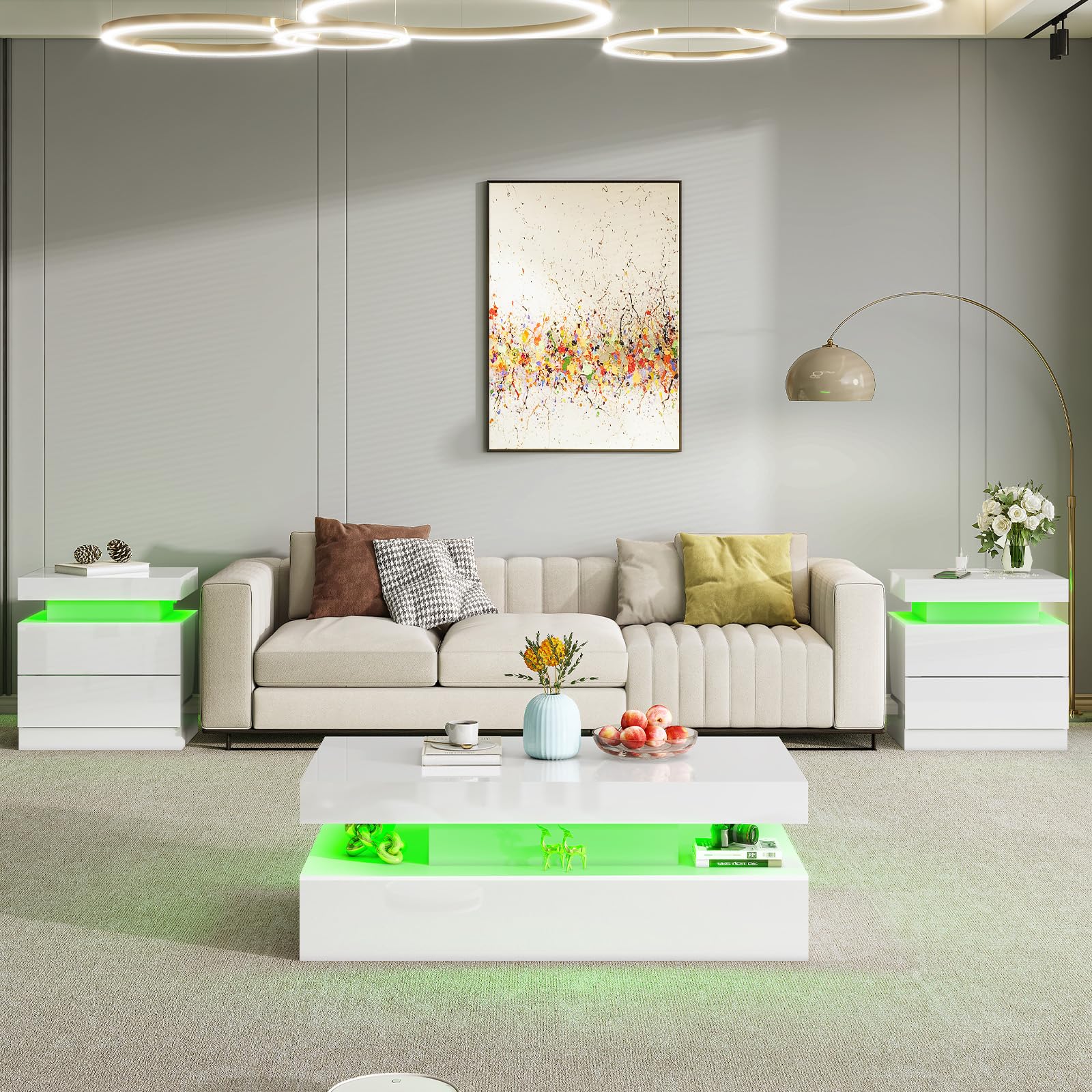 High Gloss LED Coffee Table Set with 2 End Tables and Charging Station