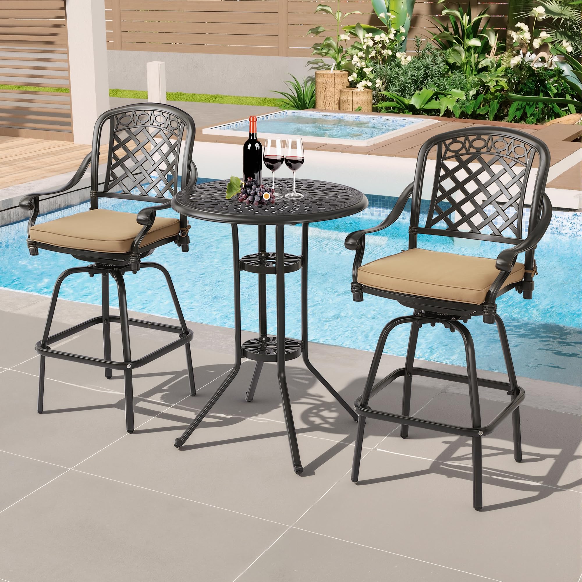 3-Piece Cast Aluminum Patio Bar Set, Outdoor Round High Top Table & 2 Swivel Bar Chairs with Cushions, All-Weather Bistro Table and Chairs Set for Patio, Lawn & Garden (1 Table +2 Swivel Chairs)