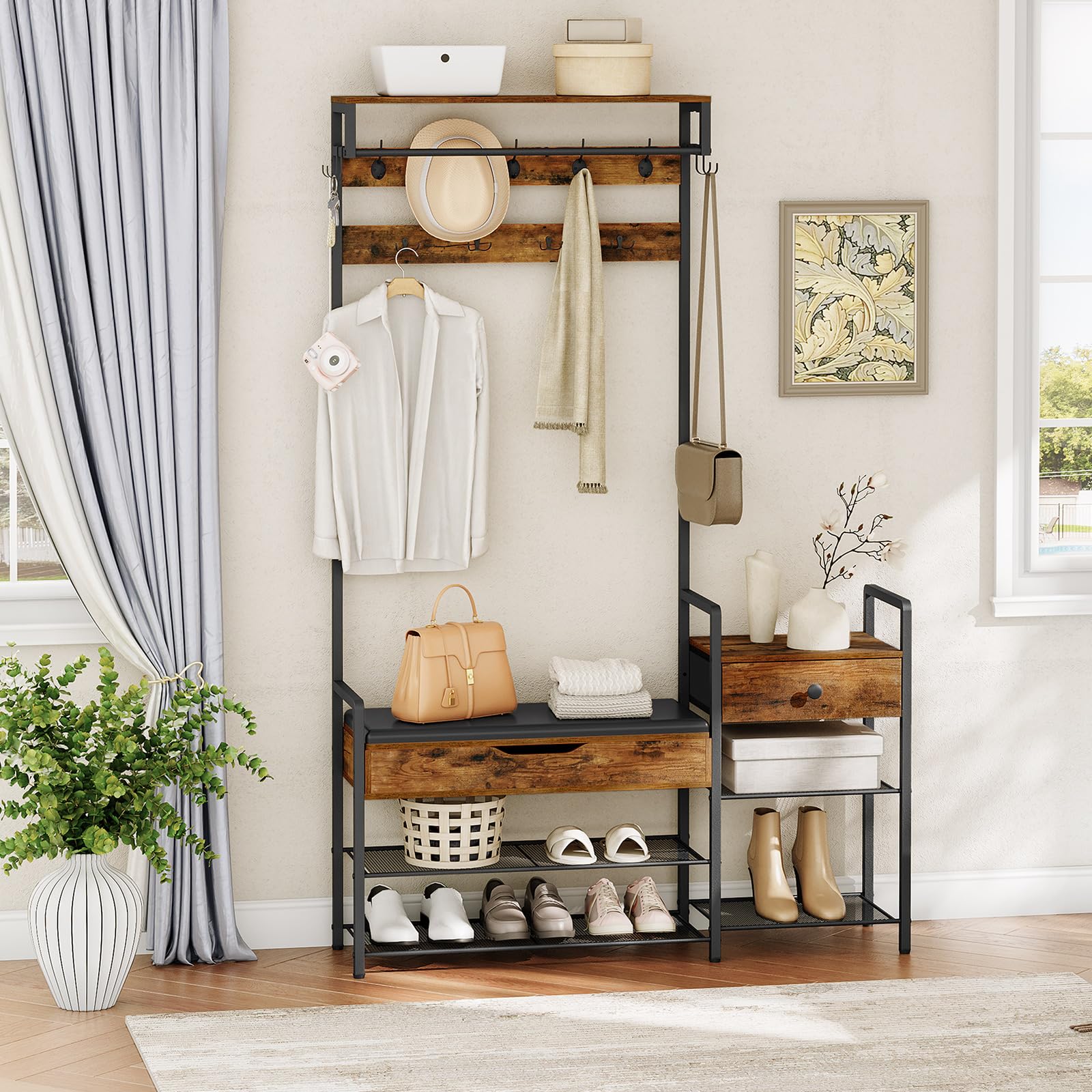 Hall Tree with Bench and Coat Rack