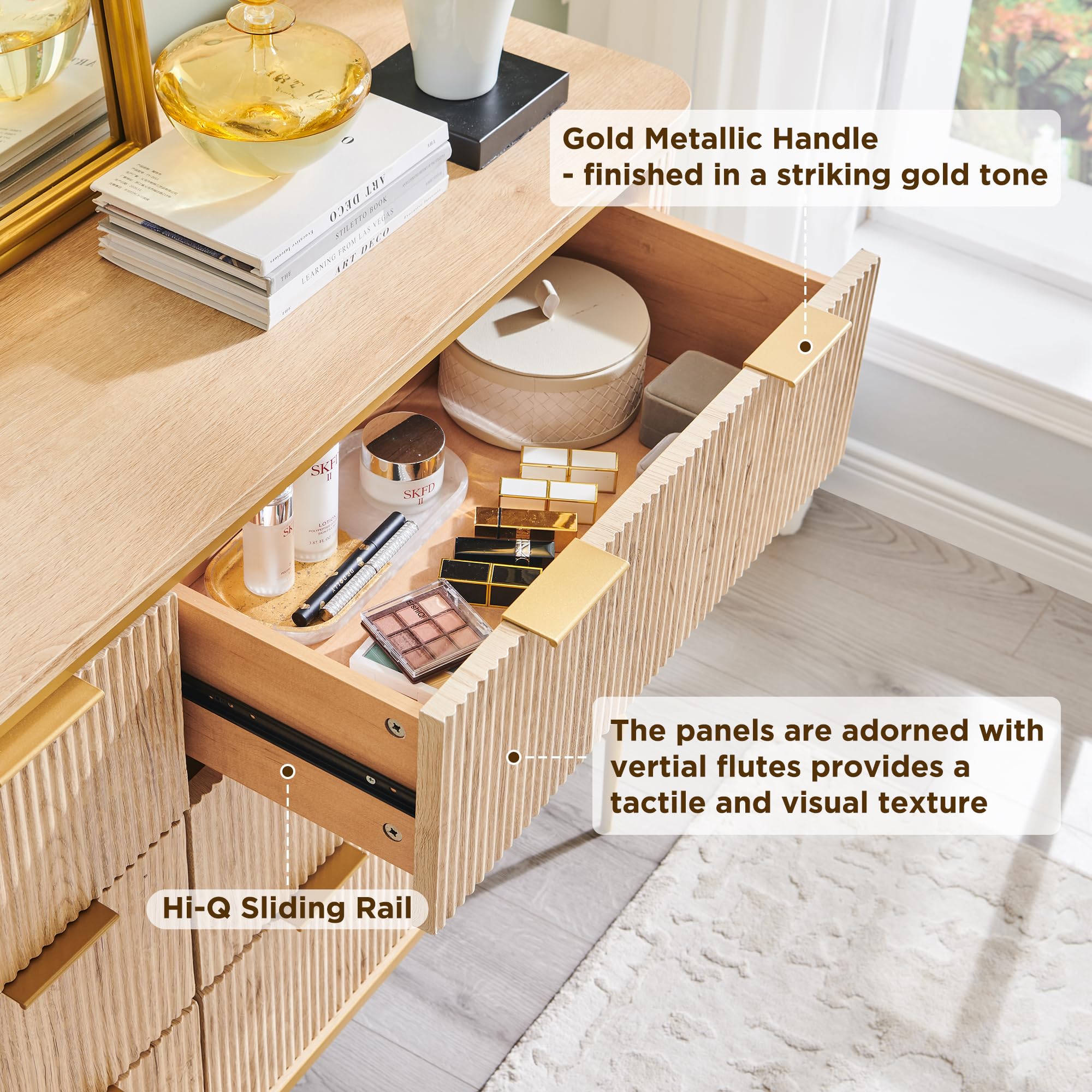 6-Drawer Dresser with Fluted Design and Gold Accents