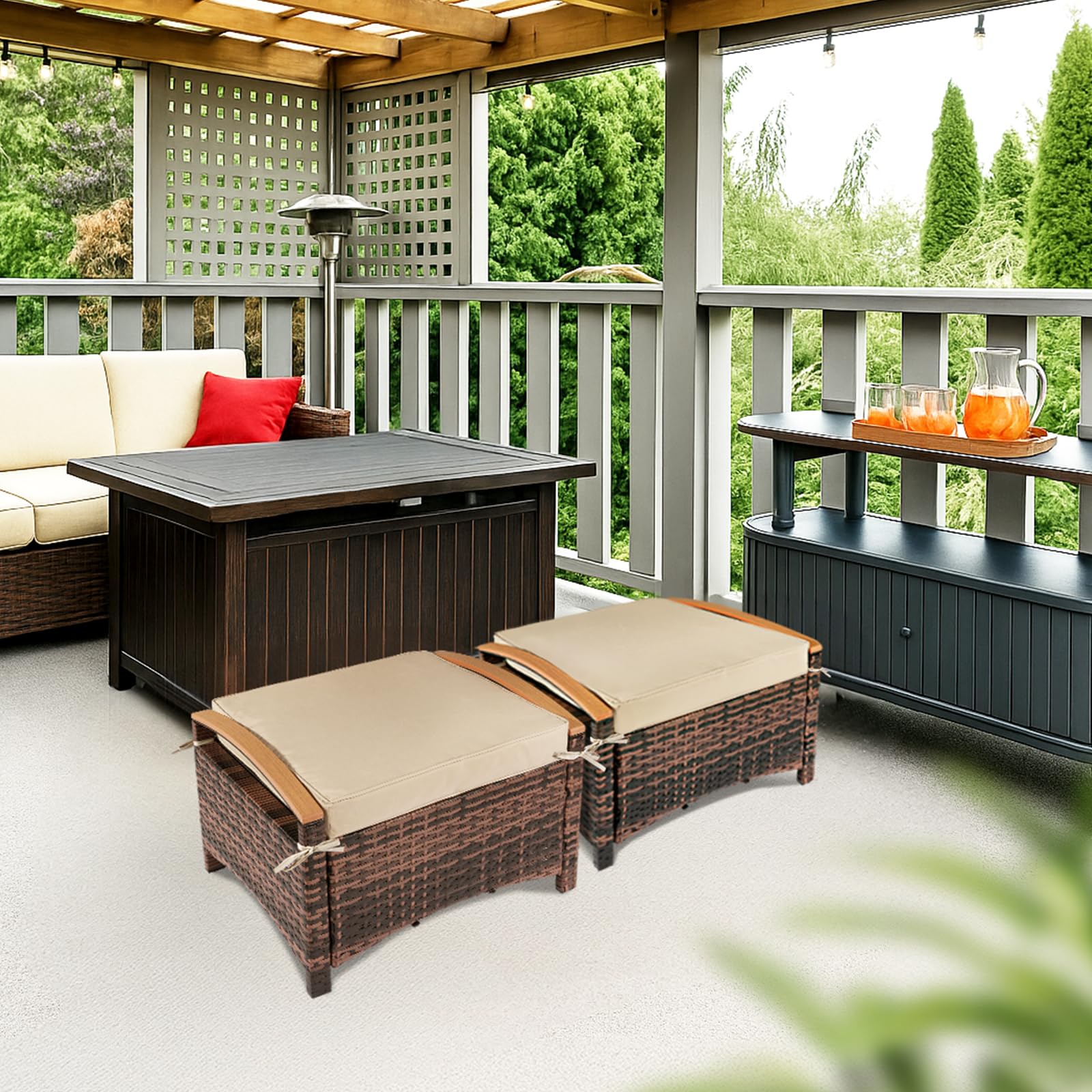 Wicker Outdoor Ottoman Set with Removable Cushions