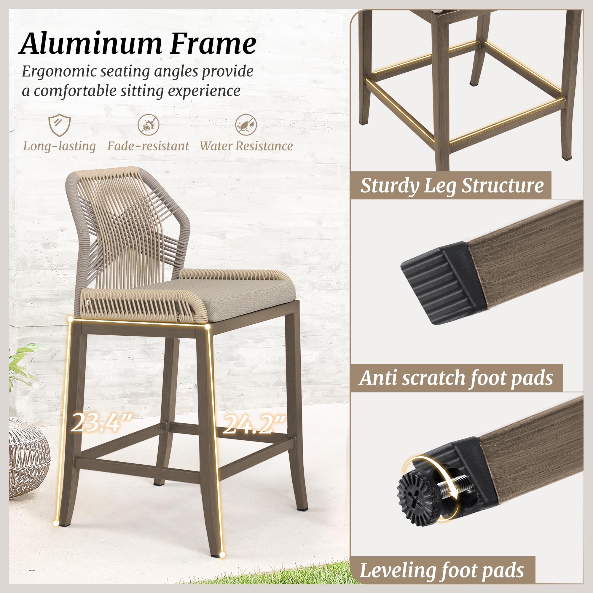 Woven Rope Bar Stools Set of 4 with Cushions