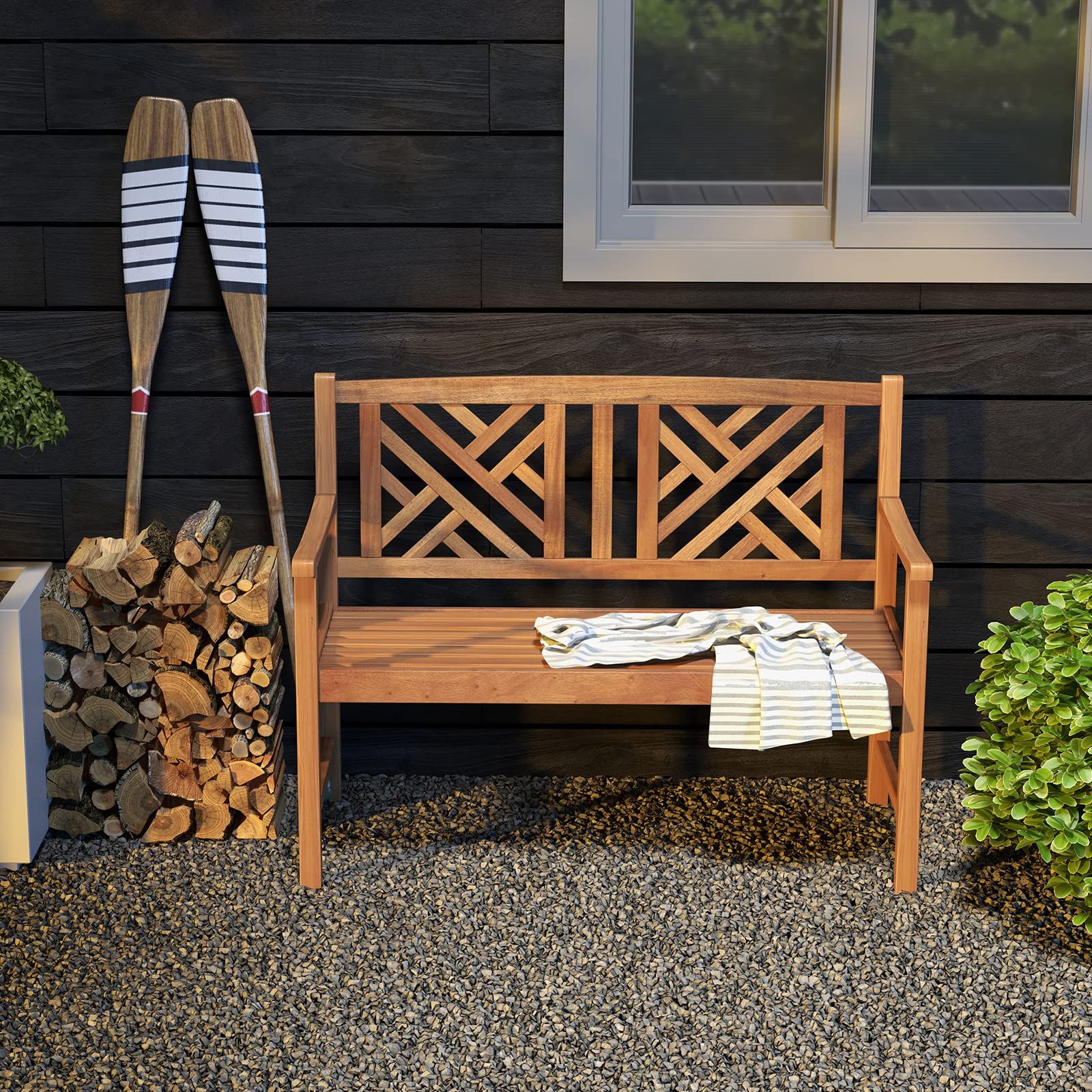 Acacia Wood Garden Bench 2-Person Loveseat with Armrests
