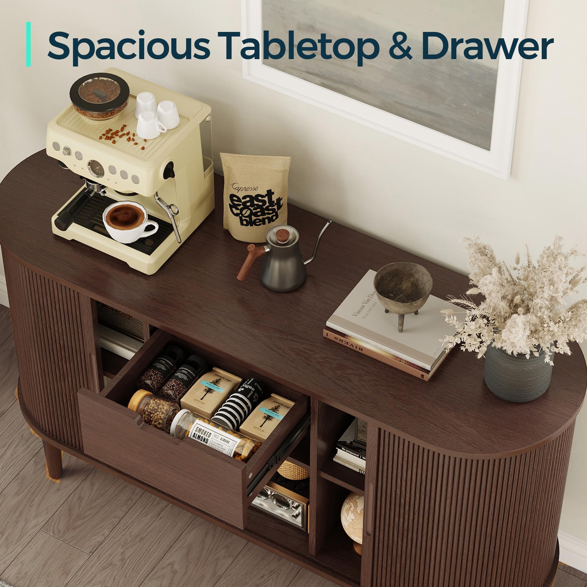 Mid-Century Sideboard Buffet Cabinet with Tambour Doors